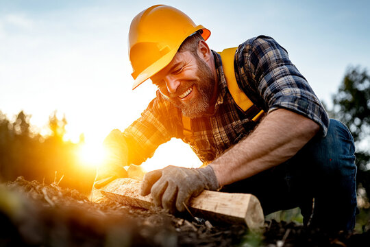 Lumberjack cutting down a tree during sunset in a dense forest - Powered by Adobe