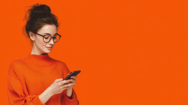 Happy young woman in eyeglasses using mobile phone isolated orange background with copyspace, for banner background