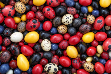 Colorful array of decorative eggs scattered across a surface
