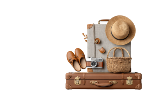 PNG Vintage travel essentials: luggage, camera, straw hat, and accessories