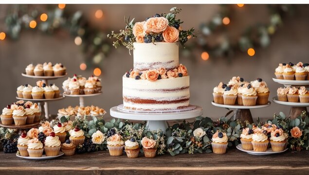 Wedding cake and cupcakes dessert display