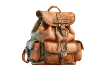 PNG Vintage brown leather backpack with multiple pockets and buckles