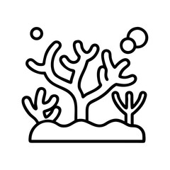 Coral Reef with Bubbles Line Art Icon, A minimalist black-and-white icon of a coral reef with bubbles, representing marine life and ocean ecosystems.
