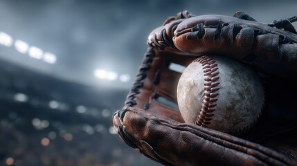 A baseball pitcher's glove gripping the ball, outdoor setting with stadium lights, Dramatic style