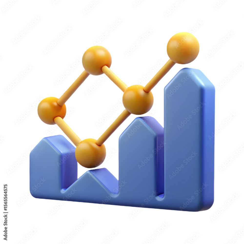 Poster a 3d rendering of a blue bar graph with a yellow connected dot network isolated on transparent backg