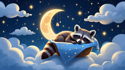 Peaceful baby raccoon floats on a cloud under a glowing crescent moon in a dreamy, storybook illustration