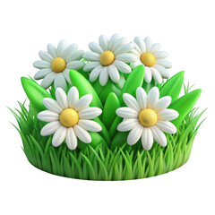Charming 3d render of white daisies blooming in lush green grass