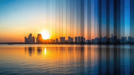 Fototapeta premium Timelapse cityscape sunset over a tranquil body of water.