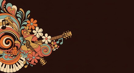 Groovy 70s Music Background Retro Floral Guitar Design