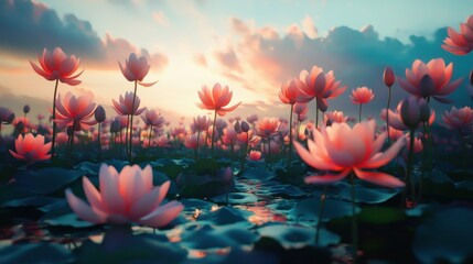 A picturesque view of prickly water lilies swaying gently in a summer breeze during festive season