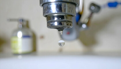 Dripping Faucet with Water Drop, and Bathroom.