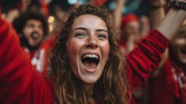 Red sport fans screaming while supporting their team out of the stadium - Football supporters having fun at competion event - Champions and winning concept - Focus on center girl face, no logos, no b