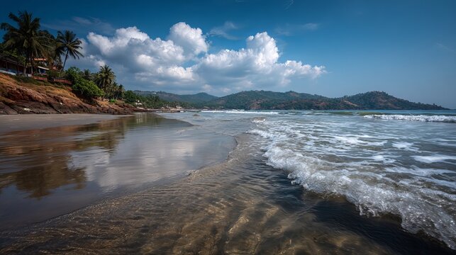 Goa, India: A sunny day at Palolem Beach. The Arabian Sea is calm under a blue sky. Sandy beach and beautiful nature.