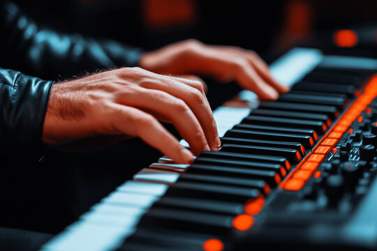 Musician composing original music on a keyboard in a creative space