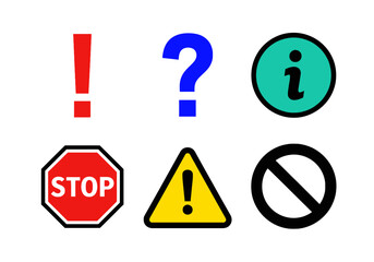 Fototapeta premium Informational and Warning Symbols Set — Exclamation, Question, Info, Stop, Warning, Prohibition Icons