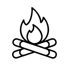 Minimalist campfire icon in black and white with crossed logs and flames