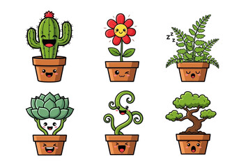 Cheerful Cartoon Plant Icon Grid — Cactus, Flower, Fern, Succulent, Vine, Bonsai in Brown Pots