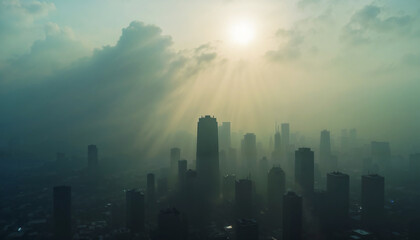Fototapeta premium Aerial View of Urban Landscape Shrouded in Fog and Smog Representing Environmental Catastrophes and Climate Change for Blogs, Educational Material, and Awareness Campaigns 