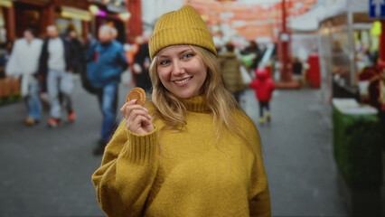 Fototapeta premium Woman smiling in a city street holding a cookie, wearing a yellow sweater and hat, surrounded by pedestrians, capturing a cheerful outdoor urban scene.