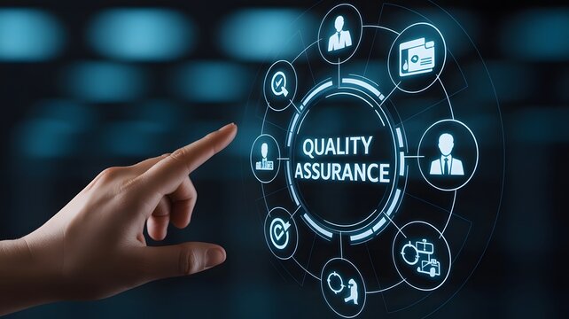 A hand points to a circular digital interface displaying the words quality assurance surrounded by related icons