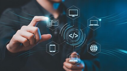 A persons fingers interact with a digital network of devices, symbolizing global connectivity and technological advancement