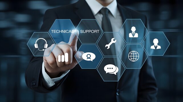 A businessmans finger touches a digital interface showing technical support icons, highlighting customer service and problemsolving