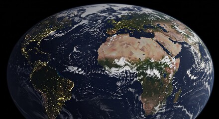 Fototapeta premium Earth at Night: Africa and Europe Gleam, Cloud Swirls Dance