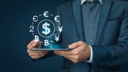 A businessman holds a tablet displaying various currency symbols, illustrating global finance and exchange