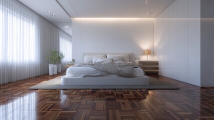 Simple exclusive white bedroom with wooden parquet , no logos, no brands