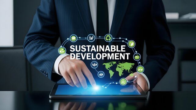A businessman in a suit uses a tablet to interact with a digital interface showing the words sustainable development, surrounded by icons representing environmental and global concepts