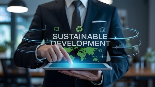 A businessman in a suit uses a tablet to interact with a digital interface showing the words sustainable development, surrounded by icons representing environmental and global concepts