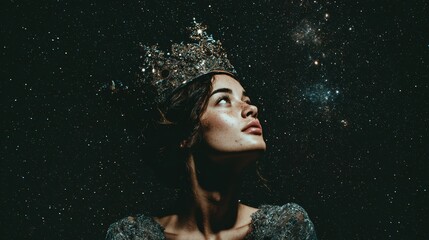 A woman wearing a crown of stars, looking up at the night sky, representing dreams and aspirations