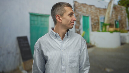 Obraz premium Man outdoors in casual shirt making puzzled gesture, standing in front of stone building with turquoise doors on a sunny day on the street.