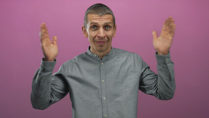 Man expressing surprise with hands on face and wide-eyed look, set against an isolated pink...