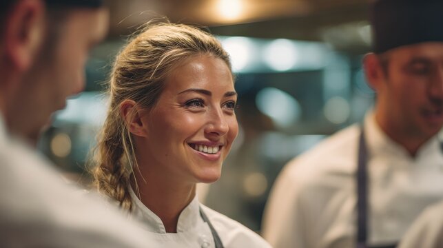 Smiling blonde female chef talking to her colleagues