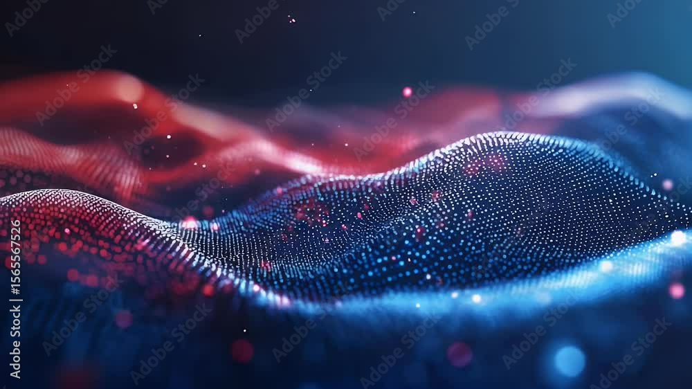 Poster abstract digital wave particle flowing with red and blue colors and depth of field in dark backgroun