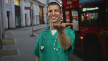 Doctor with stethoscope reaches out hand smiling on a city street, wearing green uniform with a bus...