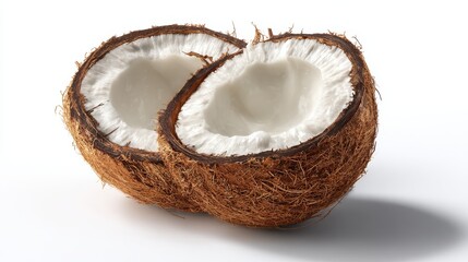 A half-eaten coconut on a clean white surface. Perfect for tropical-themed designs