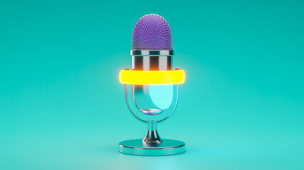 A photorealistic image of a vintage-style microphone against a solid turquoise background.