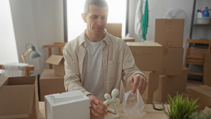 Man unpacking in a new home, surrounded by boxes in a bright living room, carefully arranging items...