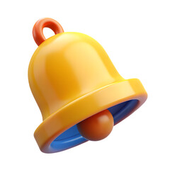 A glossy yellow notification bell with orange clapper isolated on transparent background