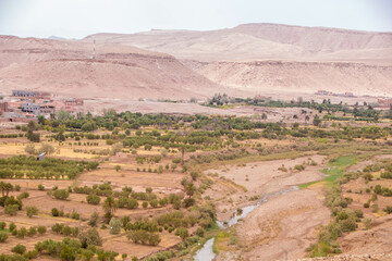 Landscape of desert around the  Kasbah of Ait-Ben-Haddou in Morocco