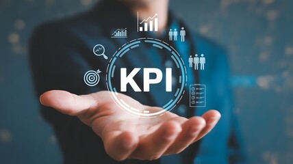 A businessman holds his hand out, presenting a digital interface with the letters kpi in the center surrounded by icons