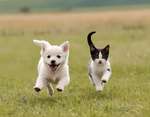 Cute baby dog and baby cat  jumps and running and happily a field blurred background. Cat and dog background