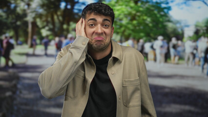 Man touches head with hand for doubt in park; confusion doubt.