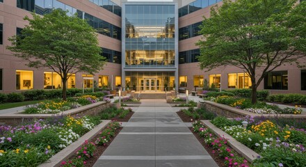 Obraz premium Modern office building with landscaped courtyard. Vibrant flowerbeds line a paved walkway leading to a glass-fronted entrance