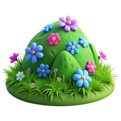 Whimsical green hill adorned with colorful cartoon flowers and lush grass