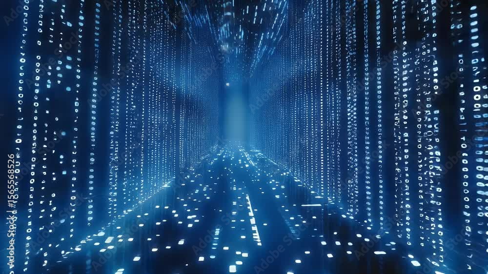 Poster abstract digital tunnel with glowing blue lights creating a futuristic data stream effect in a dark 