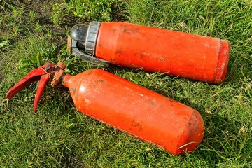 two red old different rusty carbon dioxide in cylinders under pressure dangerous industrial iron...