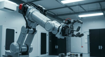 Industrial robotic arm in a cleanroom setting, poised for automated tasks.  Its articulated structure and gripper are clearly visible